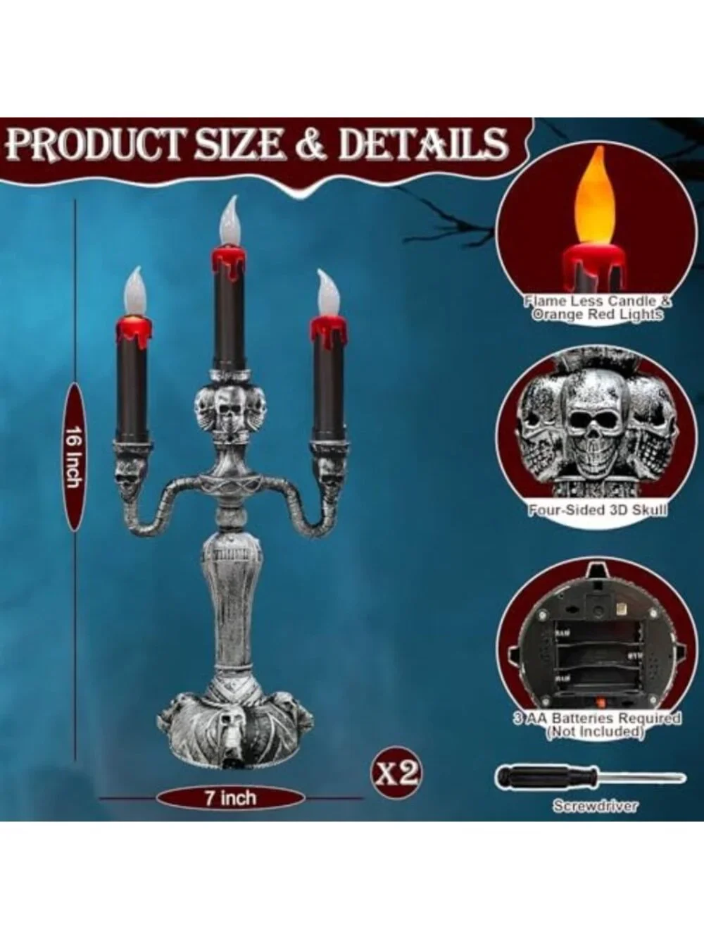 Extra Large 2-Pack LED Flameless Candelabra Halloween Candle Holders - Spooky